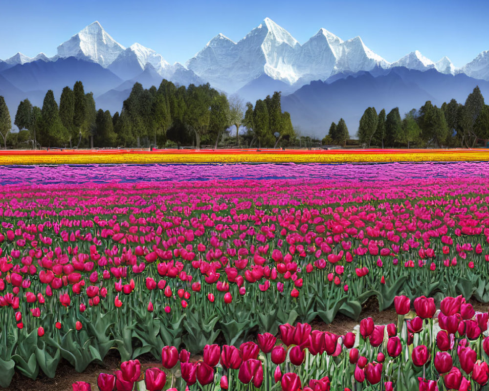 Colorful Tulip Fields Leading to Snow-Capped Mountains