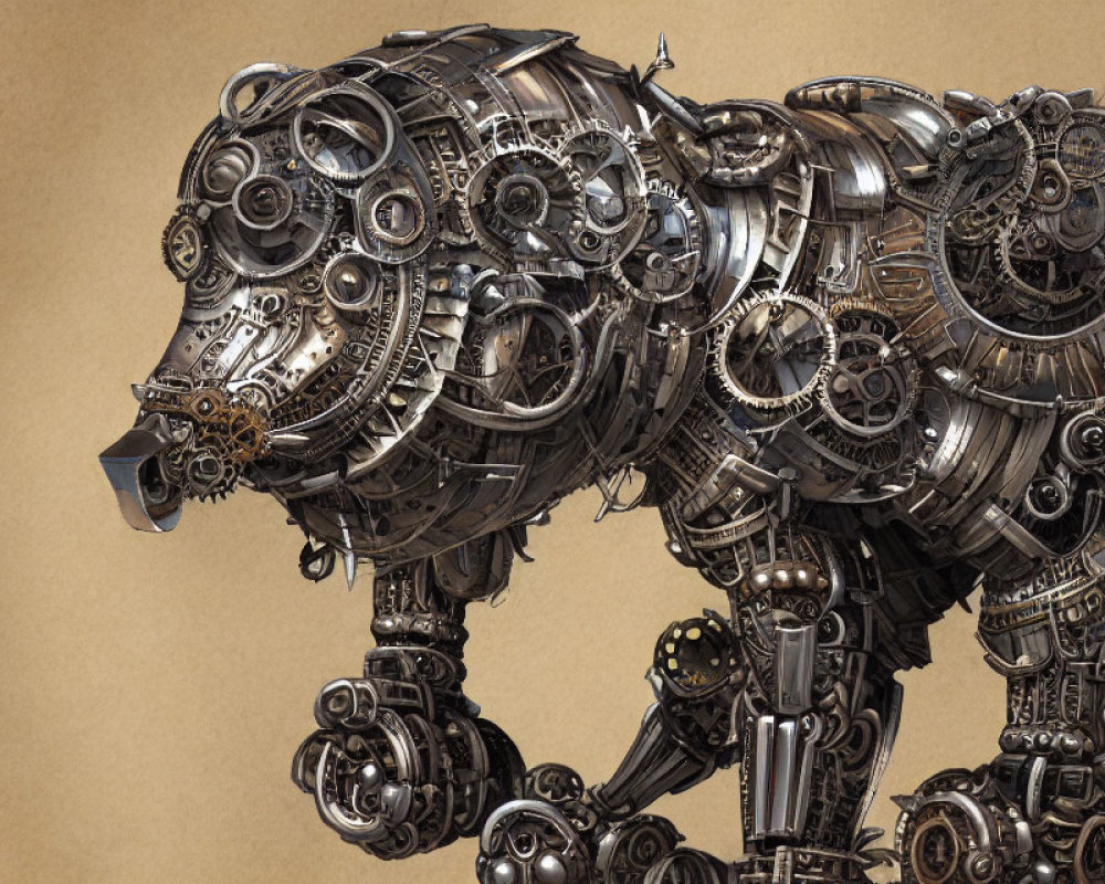 Detailed Mechanical Bear Model with Gears and Cogs on Beige Background