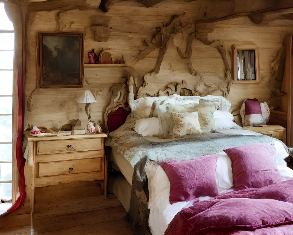 Rustic bedroom with large bed, wood-paneled walls, red curtains & vintage furniture