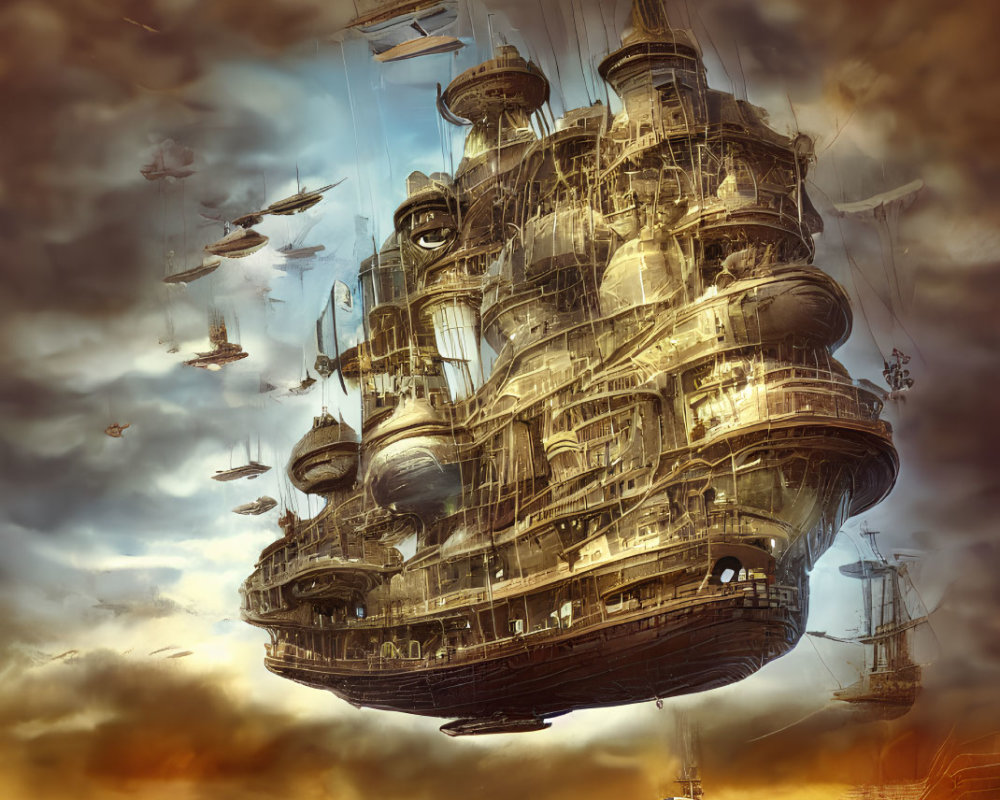 Large floating city-ship with airships in dramatic sunset sky