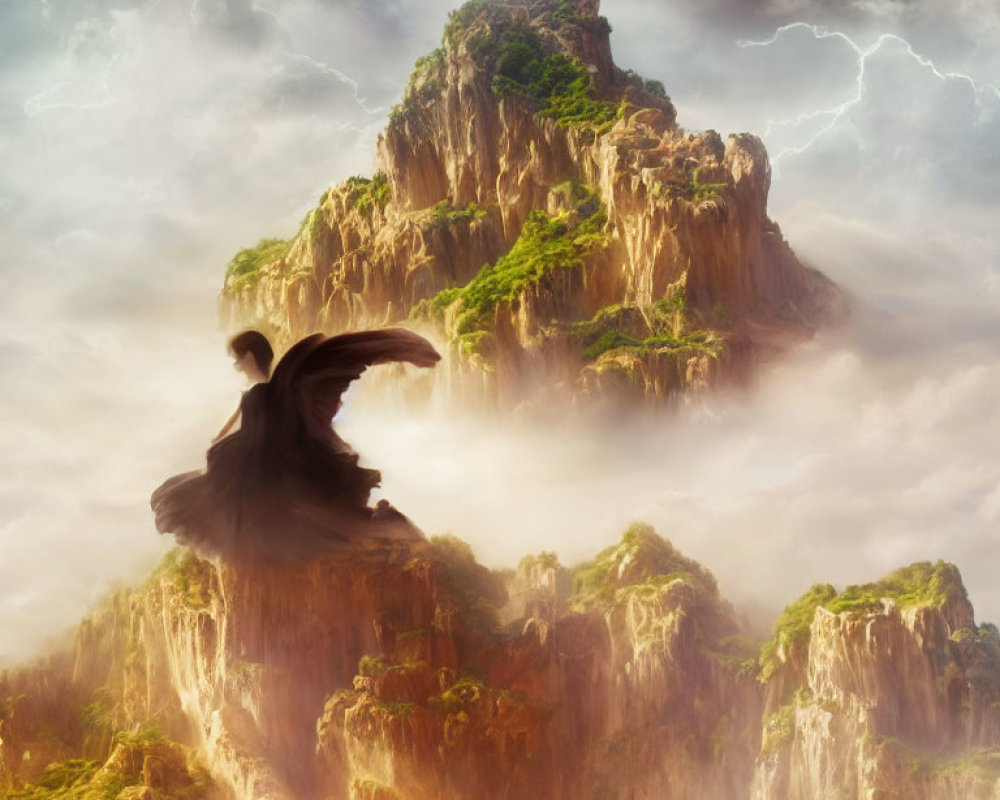 Mysterious figure in cloak with stormy mountains scenery