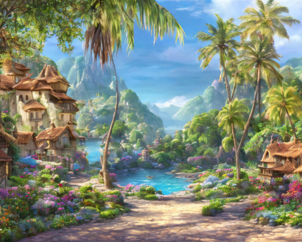 Tranquil fantasy village nestled in lush mountains