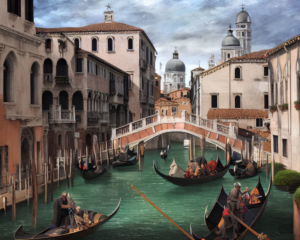 Scenic Venetian Canal with Gondolas and Bridge