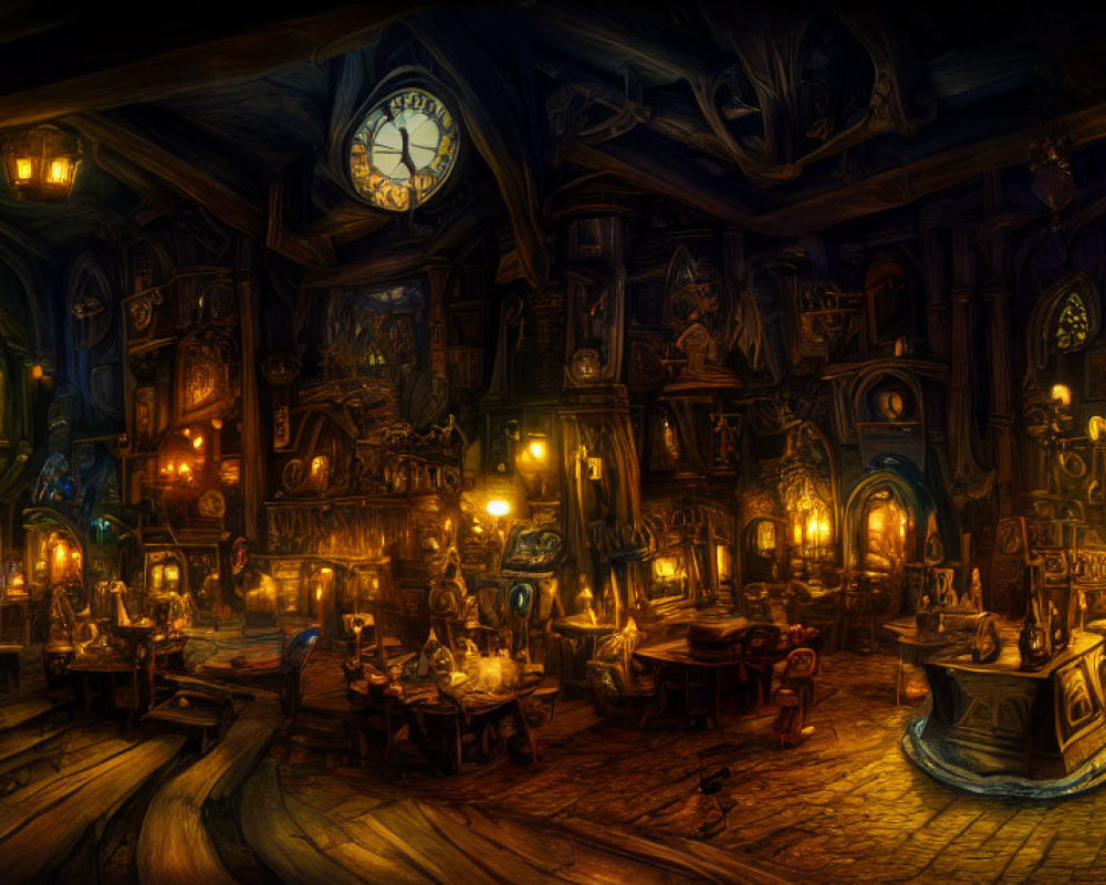 Warm, candle-lit tavern with wooden decor and ornate clock