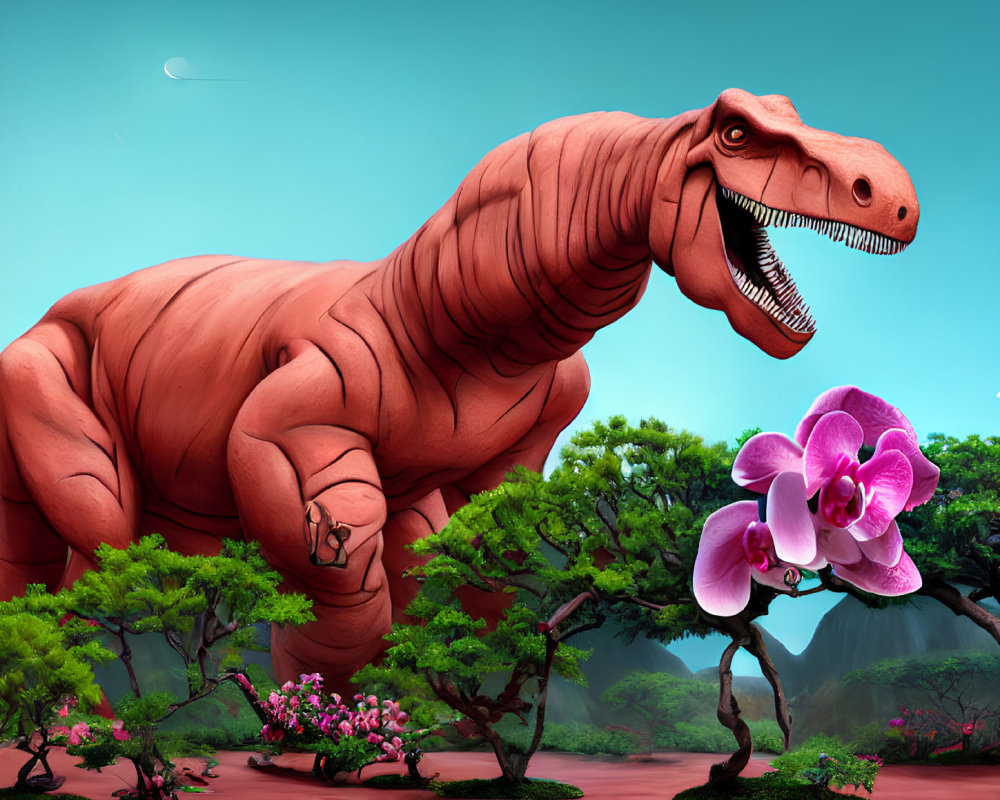 Large Reddish-Brown Tyrannosaurus Rex in Colorful Landscape