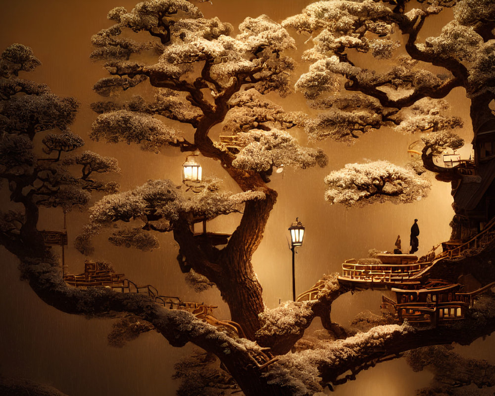 Enchanting tree with lanterns lighting wooden staircases and platforms