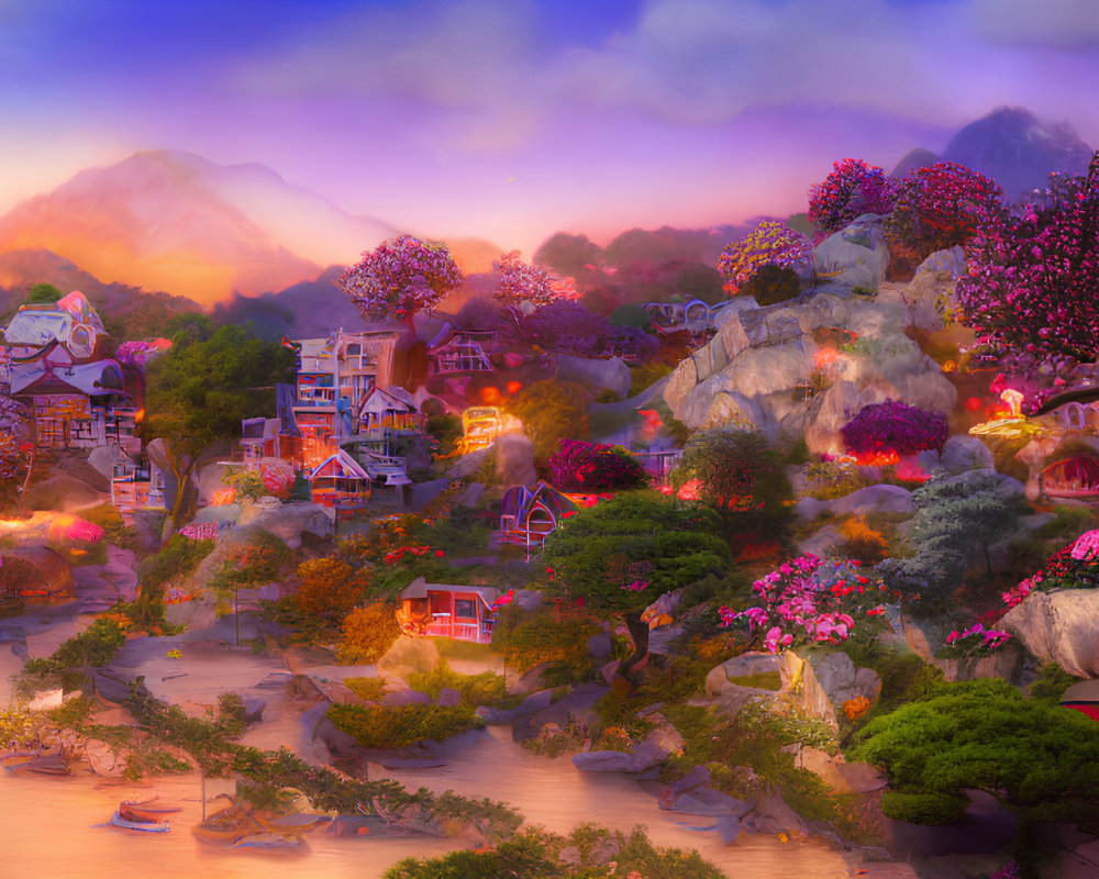 Whimsical fantasy village with pink-flowering trees and misty mountain backdrop