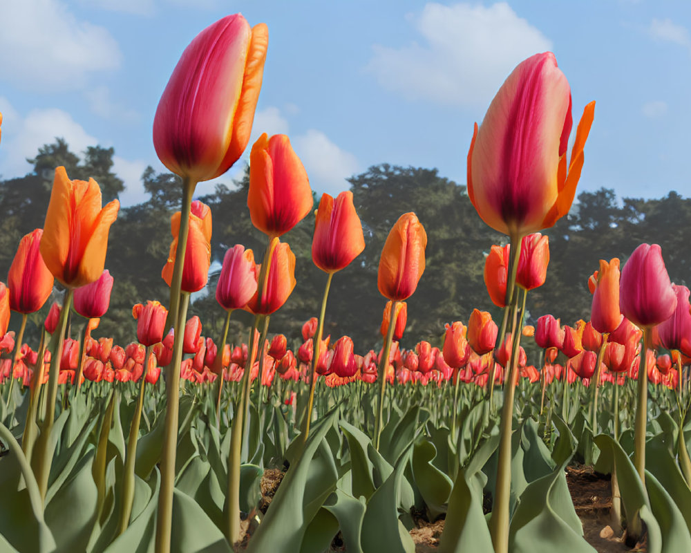 Field of Closed Orange and Red Tulips under Blue Sky