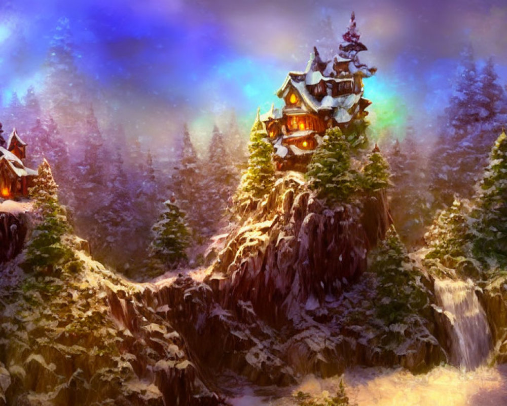 Mystical winter landscape with cozy cottage, grand tower, snowy cliffs, waterfall, and aurora