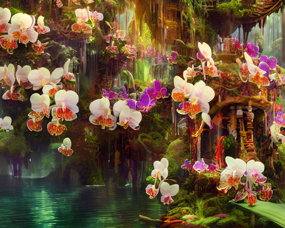 Vibrant orchids in lush, fantastical jungle scene