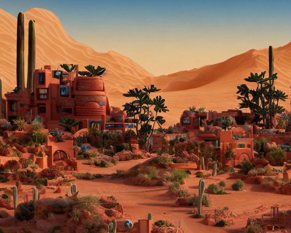 Desert village with terracotta houses, cacti, sand dunes, and clear sky