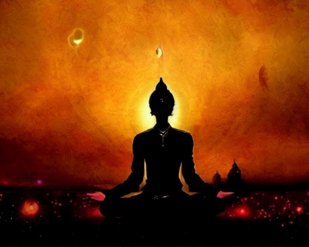 Person meditating in lotus position with cosmic background and Buddha statue outline