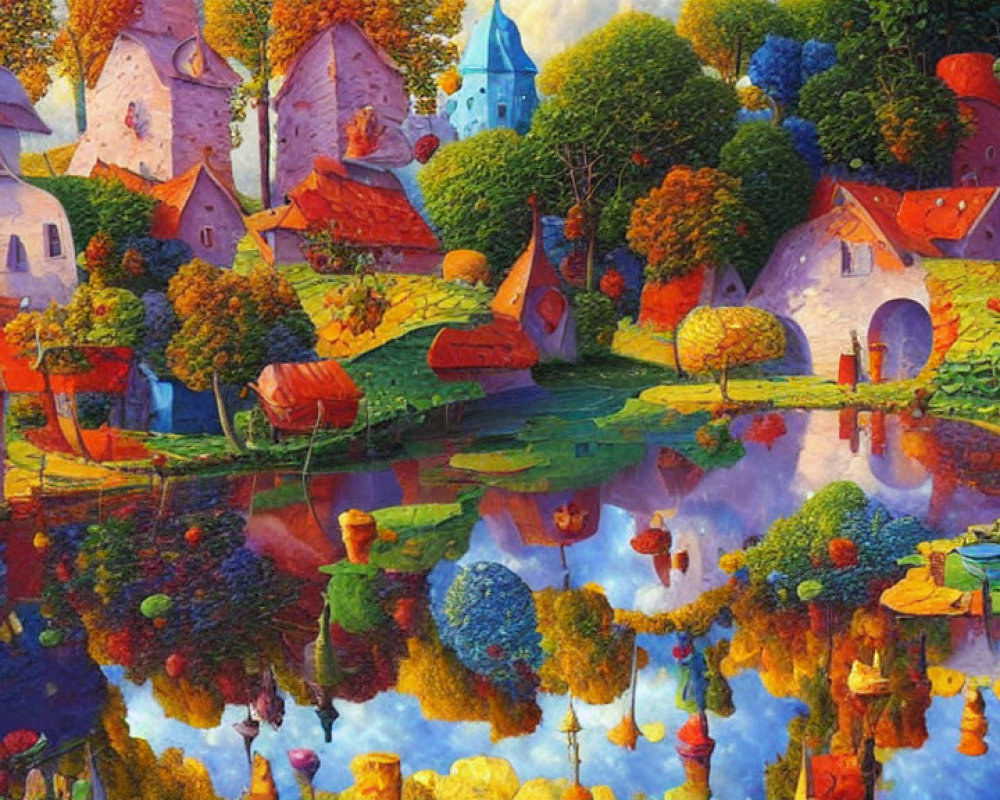 Colorful Whimsical Village Reflecting in Serene Pond