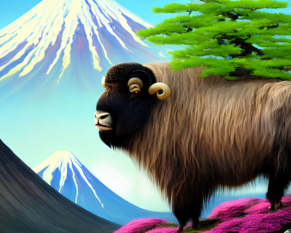 Musk ox in snowy mountain landscape with green trees & pink flowers