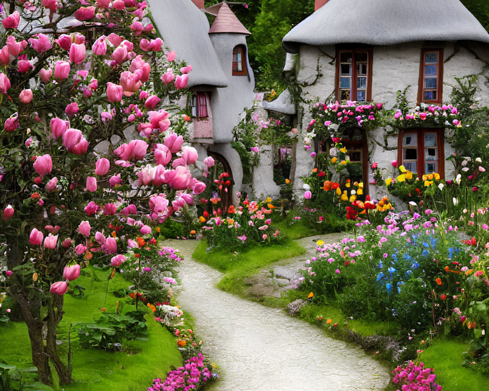 Scenic village pathway with tulips, cottages, and flower-filled window boxes