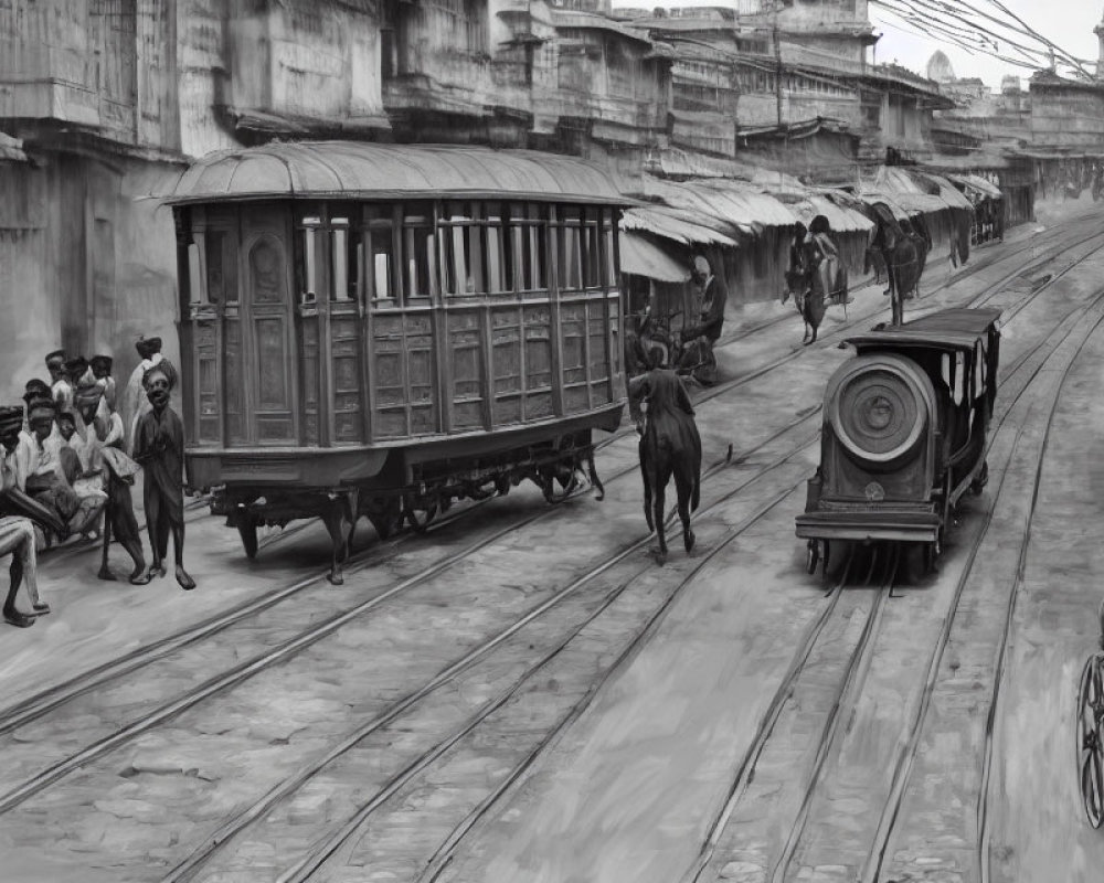 Vintage Monochrome Street Scene with Horse-Drawn Carriages and Early 20th-Century