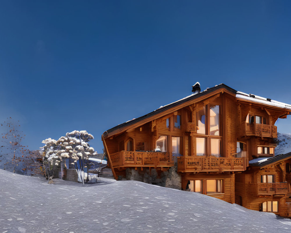 Snow-covered wooden chalet balcony in dusk with snowy mountains.