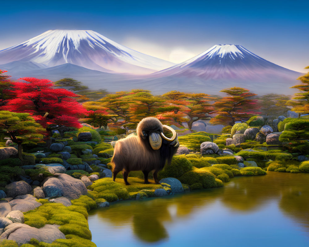 Tranquil landscape with ram by pond, autumn trees, snow-capped mountains