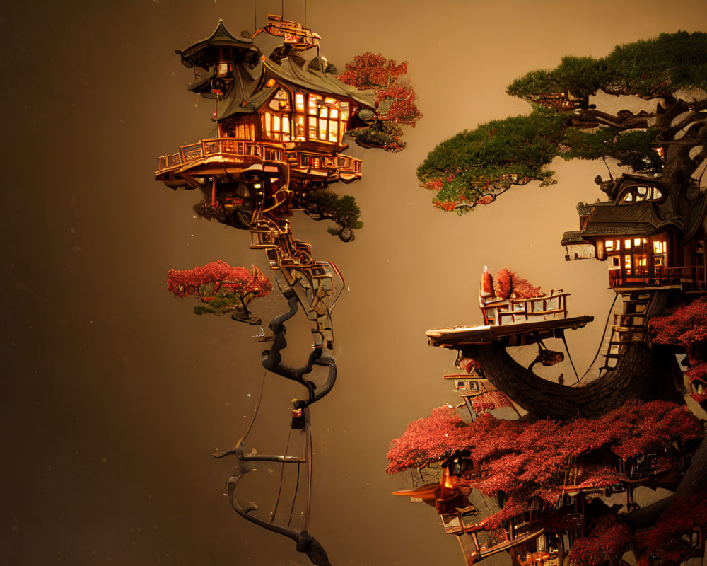 Asian-style treehouse complex in bonsai tree at dusk