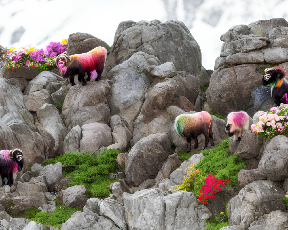 Vibrantly dyed sheep on rocky terrain with pink flowers and snowy mountain.