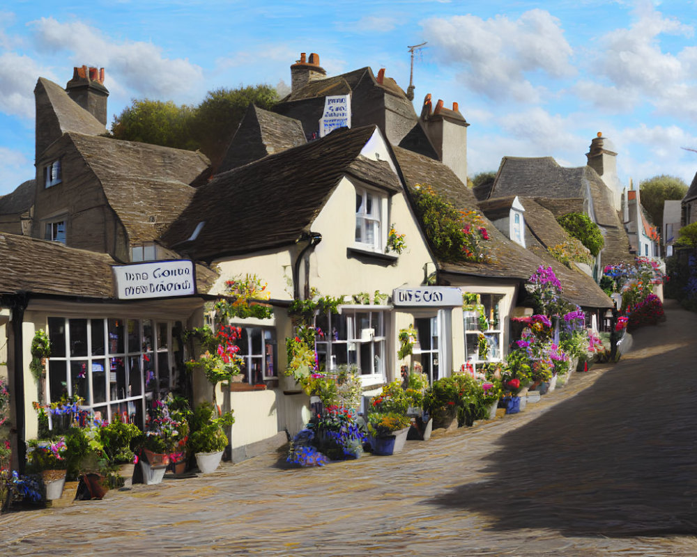 Traditional Buildings and Cobblestone Street with Colorful Flowers