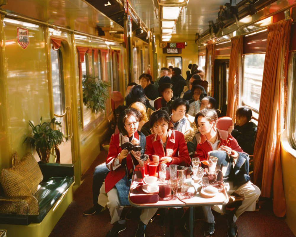 Passengers in red uniforms on a train with vibrant yellow interior