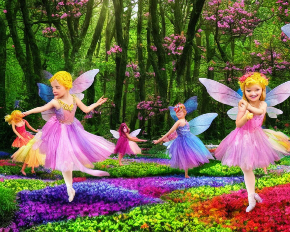 Colorful Dancing Fairies in Vibrant Forest Scene