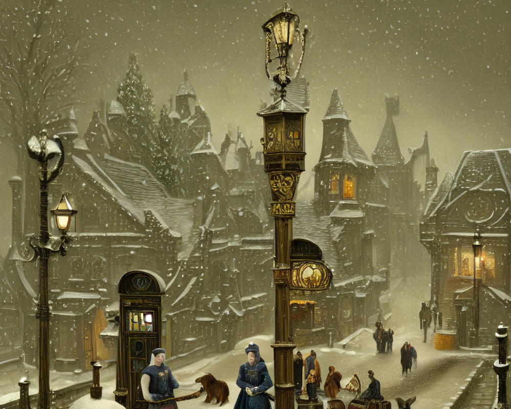 Victorian snowy street scene with period clothing, dog, lit lamps, and dusk sky