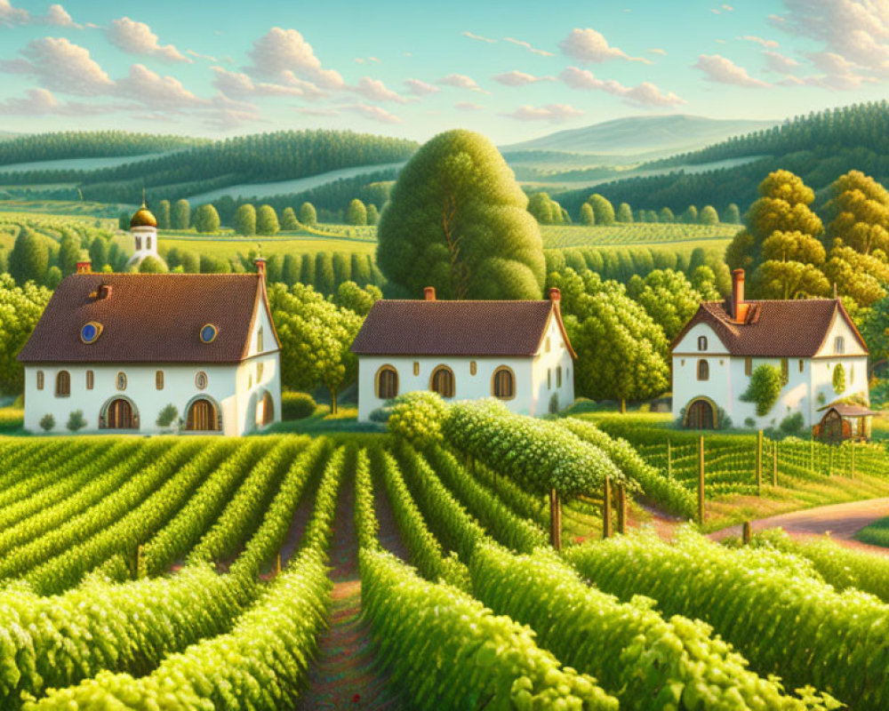 Scenic Vineyard Landscape with White Houses and Green Trees