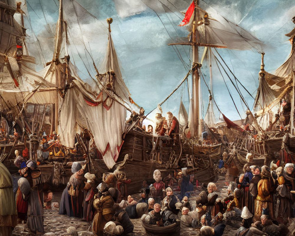 Historical harbor scene with ornate ships, period attire crowds, and vibrant sky