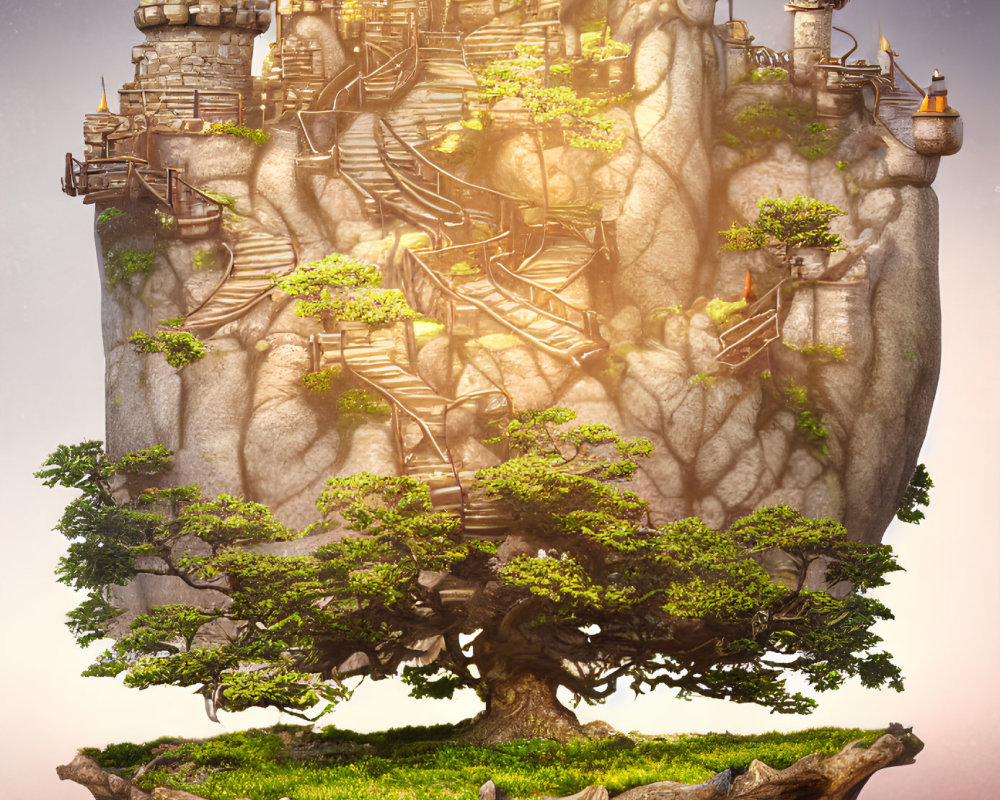 Enchanting tree-top village with wooden structures and lanterns at dusk