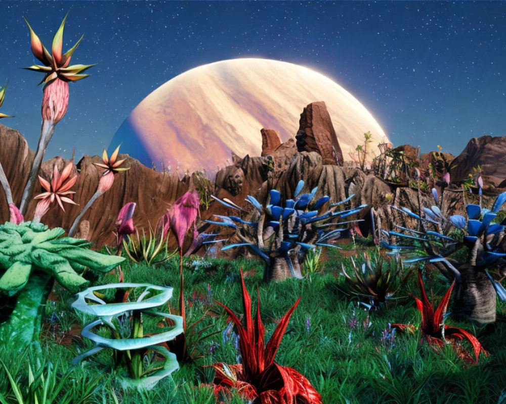 Exotic alien landscape with large moon, starry night sky, and unique plants