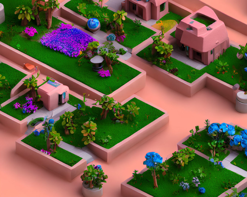 Miniature neighborhood with pink houses and green gardens on salmon background