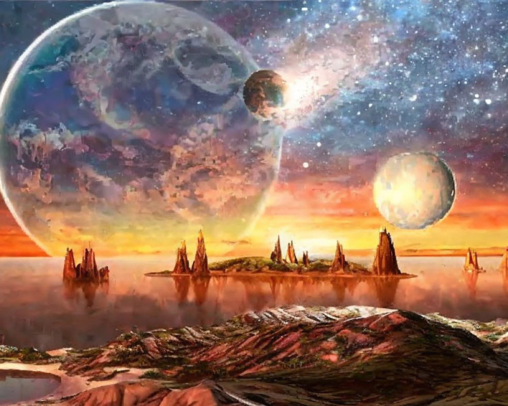 Surreal sci-fi landscape with moon, stars, and colorful sky