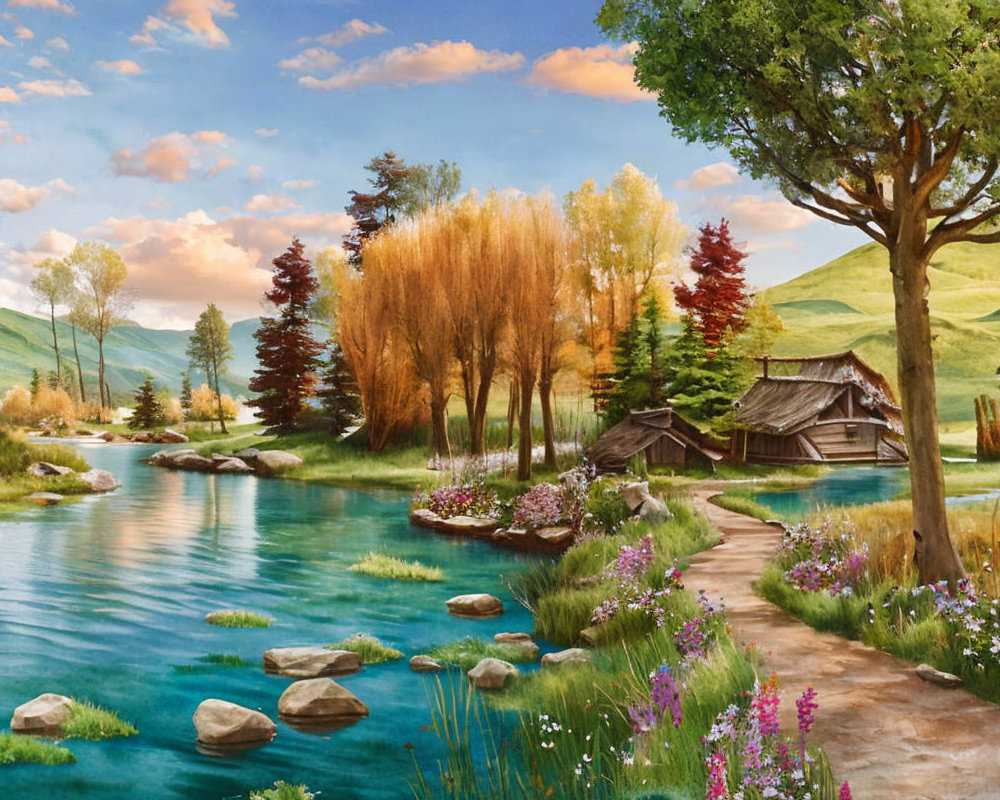 Tranquil landscape painting with river, flowers, trees, cottages, and stone path