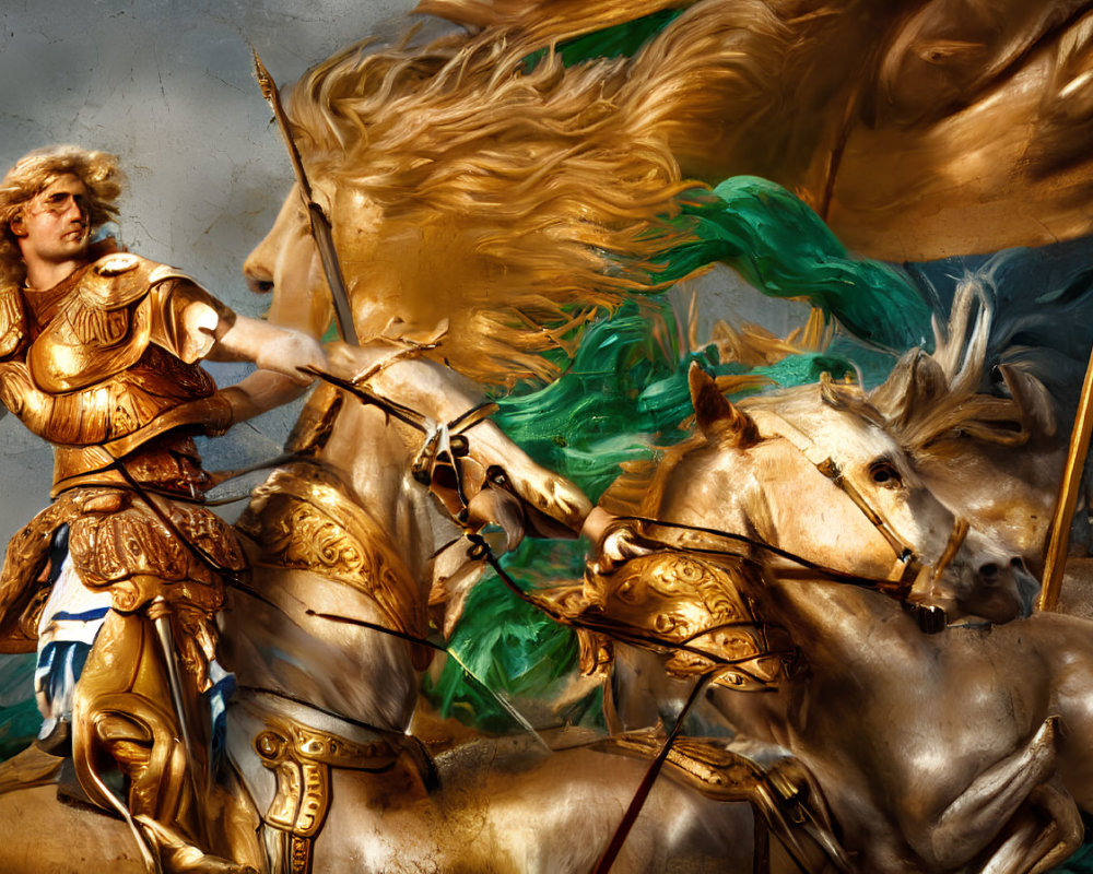 Golden-armored knight on horseback in dramatic motion