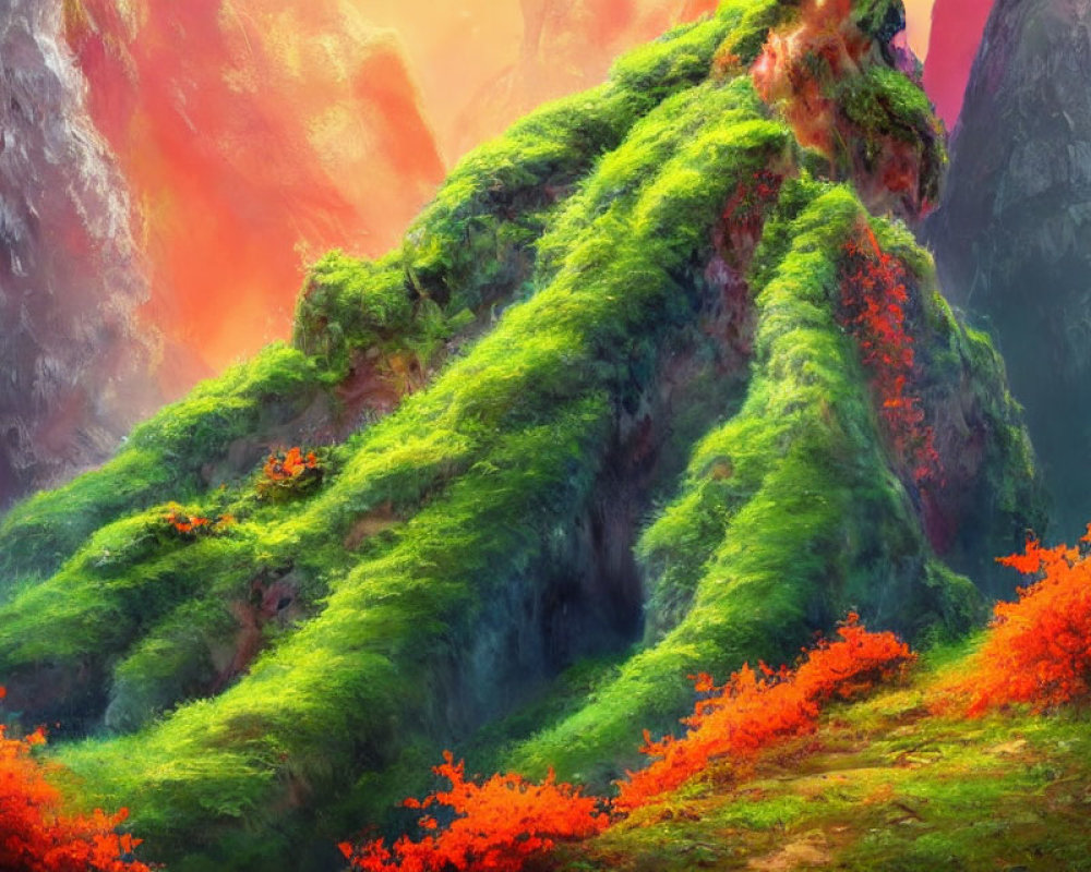 Lush Green Mountain with Fiery Red Flora under Warm Sky