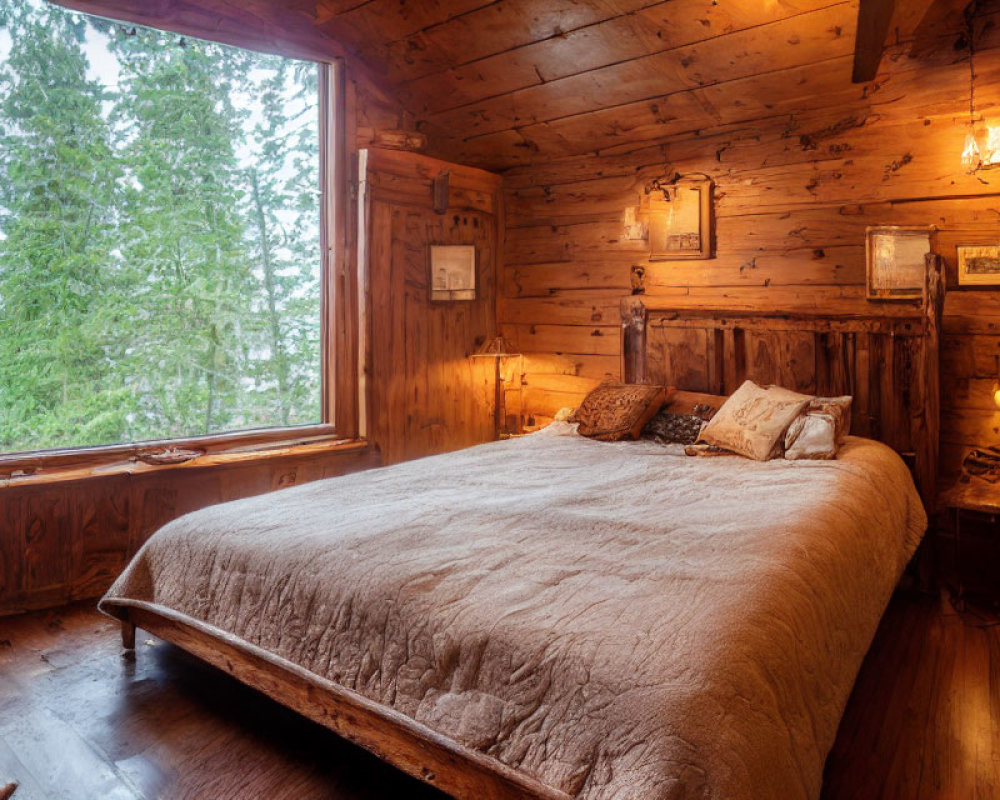 Rustic bedroom with large bed, wooden walls, & pine tree view