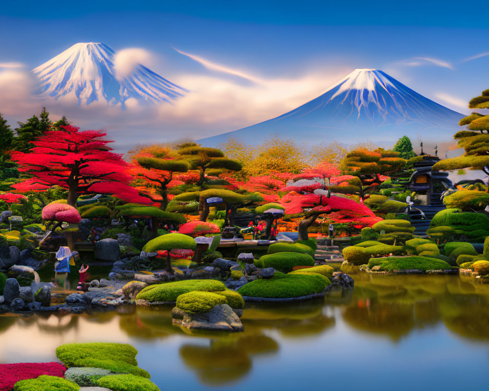 Japanese garden with autumn foliage and Mount Fuji silhouettes