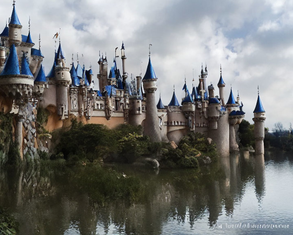 Blue-spired fairy-tale castle reflected in calm lake amid serene landscape