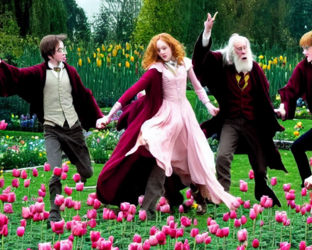 Historical clothing dancers amid pink tulips in garden