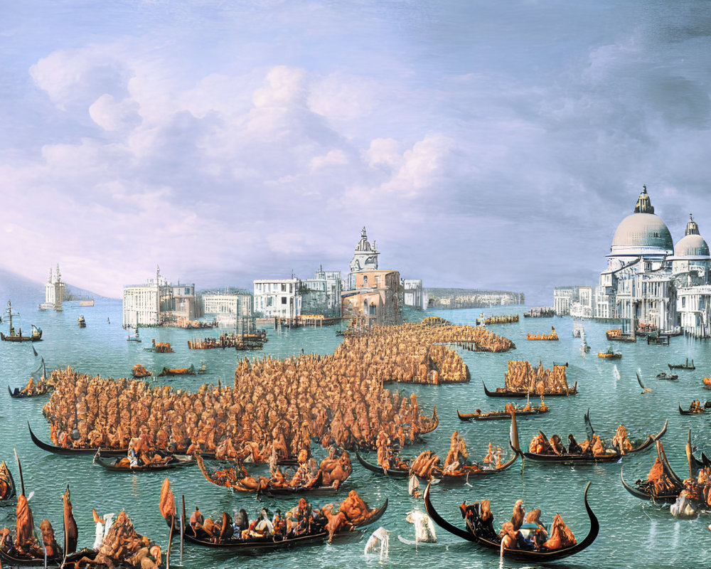 Panoramic view of Venice with gondola regatta and historic architecture