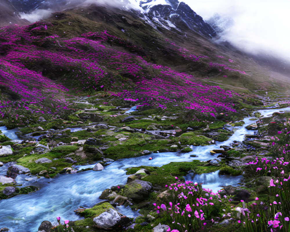 Mountainous Landscape with Pink Flowers, Winding Stream, and Mist