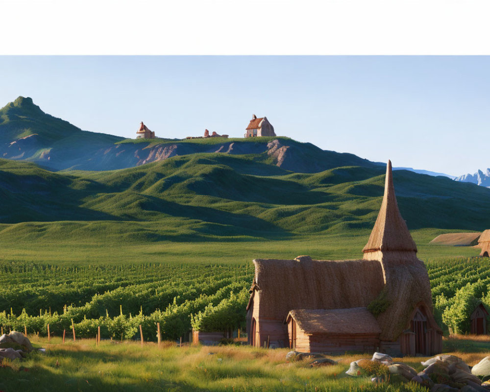 Scenic landscape with straw-thatched structure, green hills, and mountains