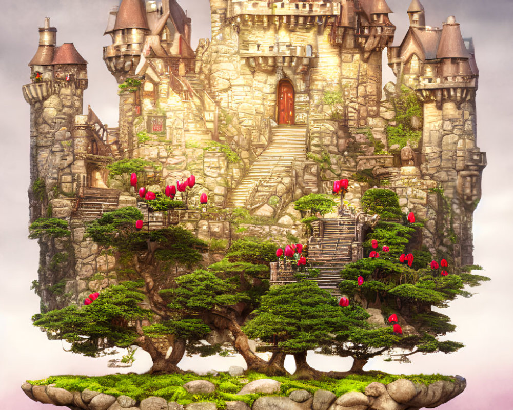 Enchanted castle on giant floating tree with lush greenery and red flowers in pink sky