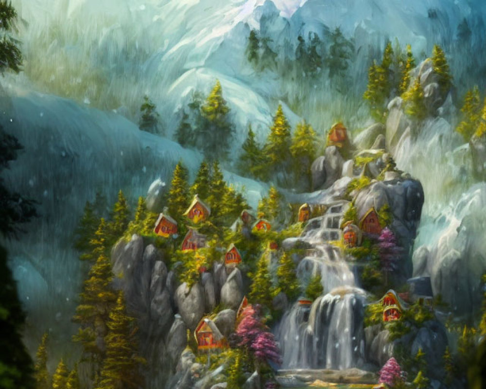 Fantasy landscape with houses, waterfalls, forests, and snowy mountains