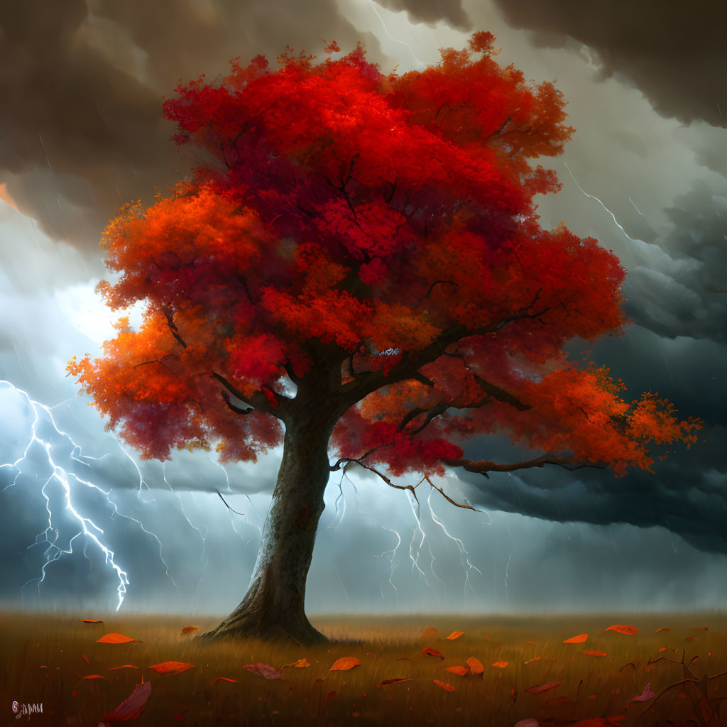 Red tree in stormy sky with lightning strikes and fallen leaves