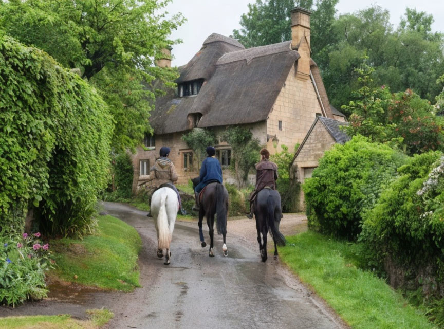 Rural road scene with two riders on horses