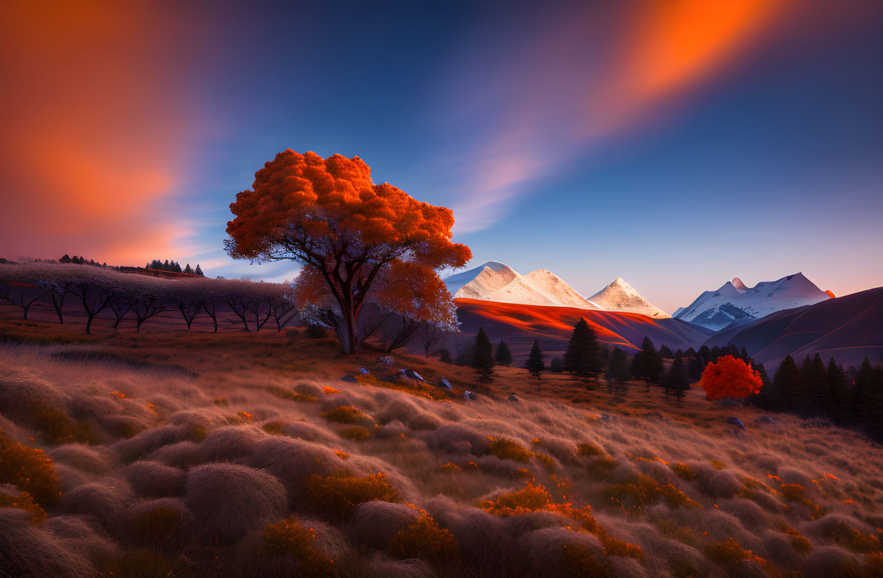 Vibrant landscape with orange-leaved tree, grassy hills, and snow-capped mountains at