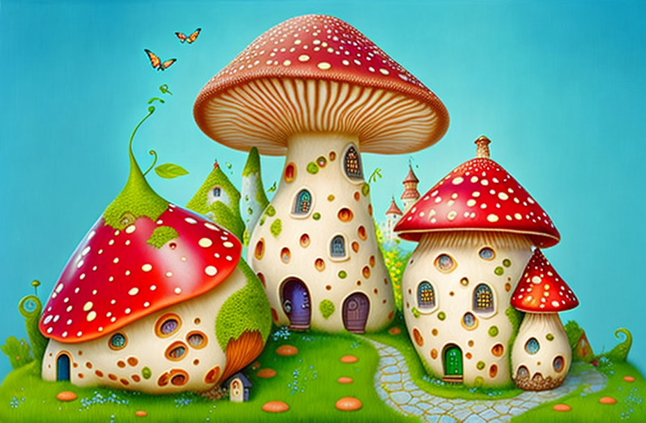 Whimsical mushroom houses with polka dots in colorful illustration